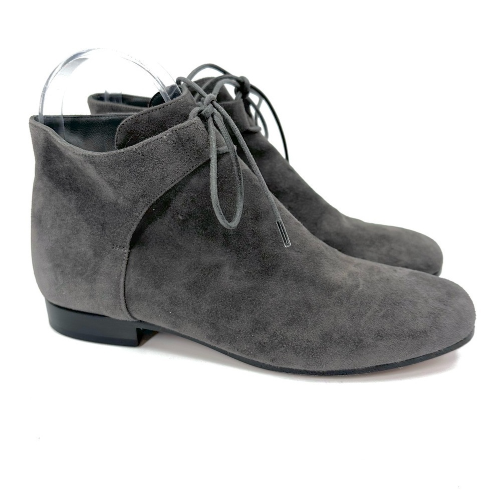 Vince Suede Ankle Boots Womens 6 Gray Lace Up Low Heel Minimalist Booties Luxury